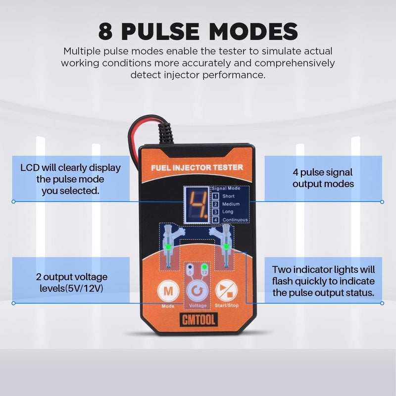 CMTOOL Fuel Injector Tester and Cleaner Tool Kit, Upgraded 6 Cleaning Adapters & 8 Pulse Modes, DIY Tool, Car Fuel Injector Cleaner Kit, 5V/12V Output Voltage Level - Image 4
